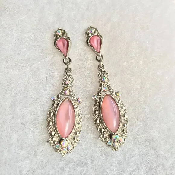 Vintage Silver-Toned Faux Pink Moonstone Dangle Earrings - Picture 2 of 3